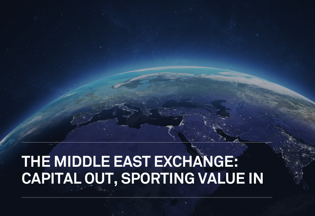 Globe at night over Europe and the Middle East, with arrows for capital and sporting value in Middle East sports sponsorship