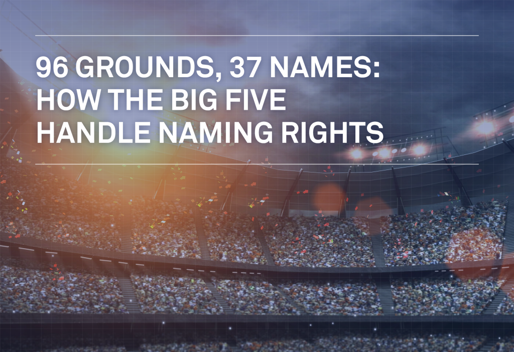 Stadium naming rights: only 37 of 96 big five football grounds carry a corporate name.